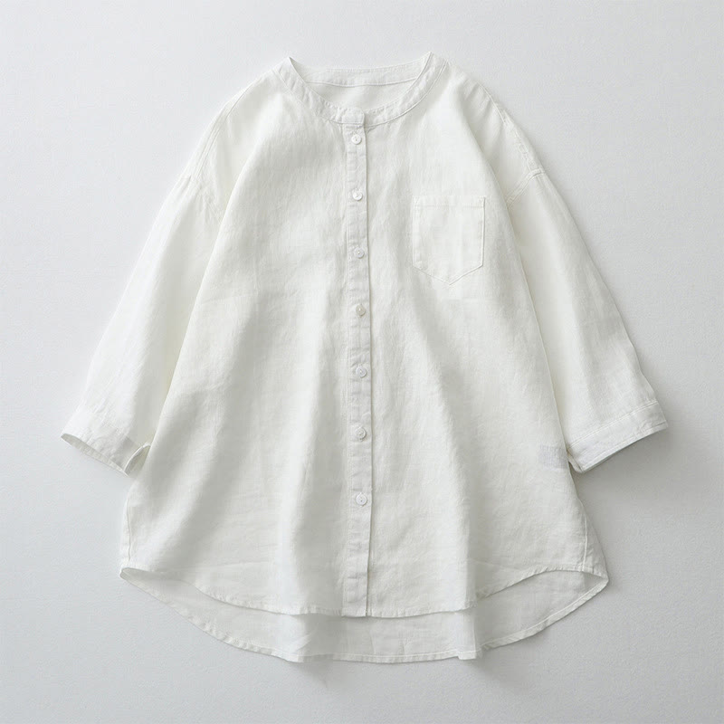 Buddha Stones Solid Color Button Three Quarter Sleeve Cotton Linen Shirt - White - US8-10，UK/AU12-14，EU40-42 (2XL) - image 28