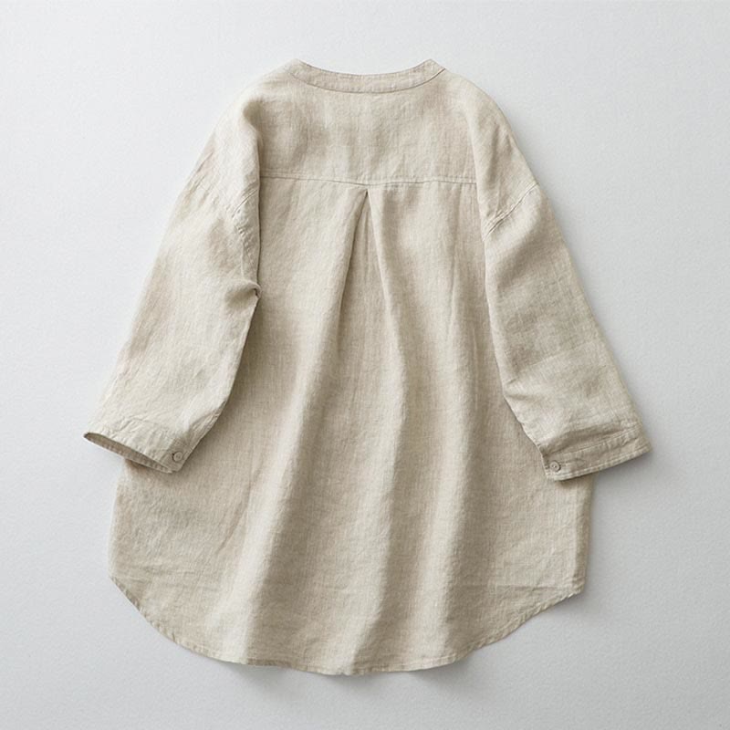 Buddha Stones Solid Color Button Three Quarter Sleeve Cotton Linen Shirt - image 3