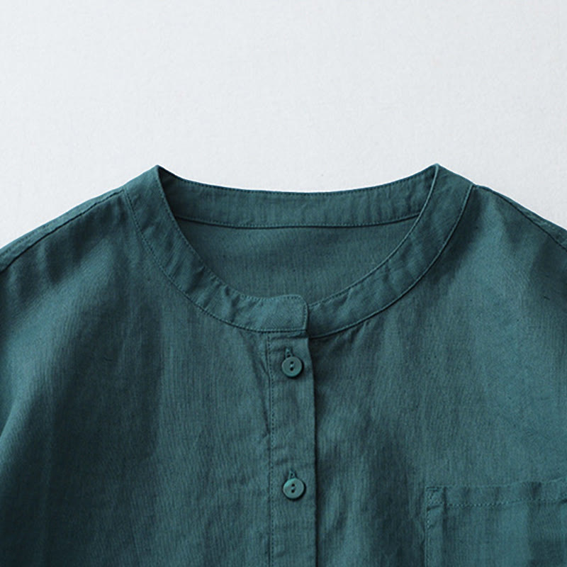 Buddha Stones Solid Color Button Three Quarter Sleeve Cotton Linen Shirt - image 16