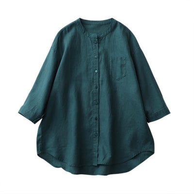 Buddha Stones Solid Color Button Three Quarter Sleeve Cotton Linen Shirt - image 15