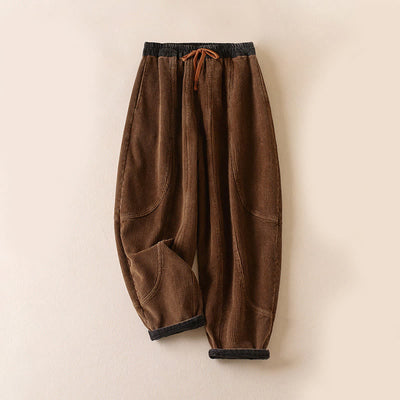 Buddha Stones Color Contrast Corduroy Cotton Women's Thermal Fleece-Lined Harem Pants With Pockets - Fleece-Lined Version - SaddleBrown - US16，UK/AU20，EU48 (3XL) - image 13