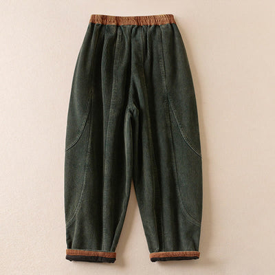 Buddha Stones Color Contrast Corduroy Cotton Women's Thermal Fleece-Lined Harem Pants With Pockets - image 1