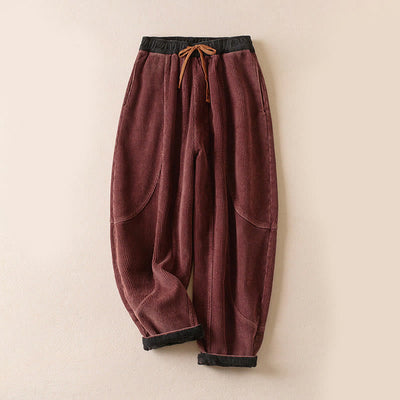 Buddha Stones Color Contrast Corduroy Cotton Women's Thermal Fleece-Lined Harem Pants With Pockets - Fleece-Lined Version - IndianRed - US16，UK/AU20，EU48 (3XL) - image 27