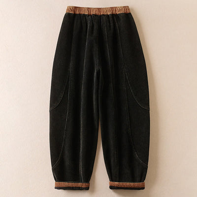 Buddha Stones Color Contrast Corduroy Cotton Women's Thermal Fleece-Lined Harem Pants With Pockets - image 7