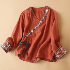 Buddha Stones Casual Embroidered Flowers Slant Collar Strap Long Sleeve Women's Shirt - FireBrick - US8-10，UK/AU12-14，EU40-42 (3XL) - image 0