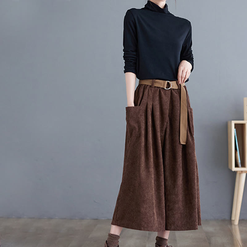 Buddha Stones Retro Women's Wide Leg 7-8 Length Corduroy Pants With Pockets Belt - image 21