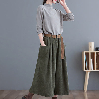 Buddha Stones Retro Women's Wide Leg 7-8 Length Corduroy Pants With Pockets Belt - image 14