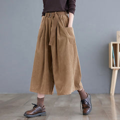 Buddha Stones Retro Women's Wide Leg 7-8 Length Corduroy Pants With Pockets Belt - Goldenrod - US8-10，UK/AU12-14，EU40-42 (2XL) - image 0
