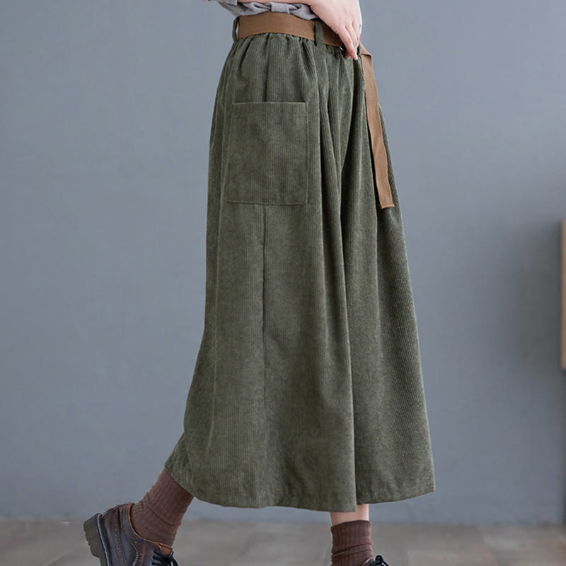 Buddha Stones Retro Women's Wide Leg 7-8 Length Corduroy Pants With Pockets Belt - image 12