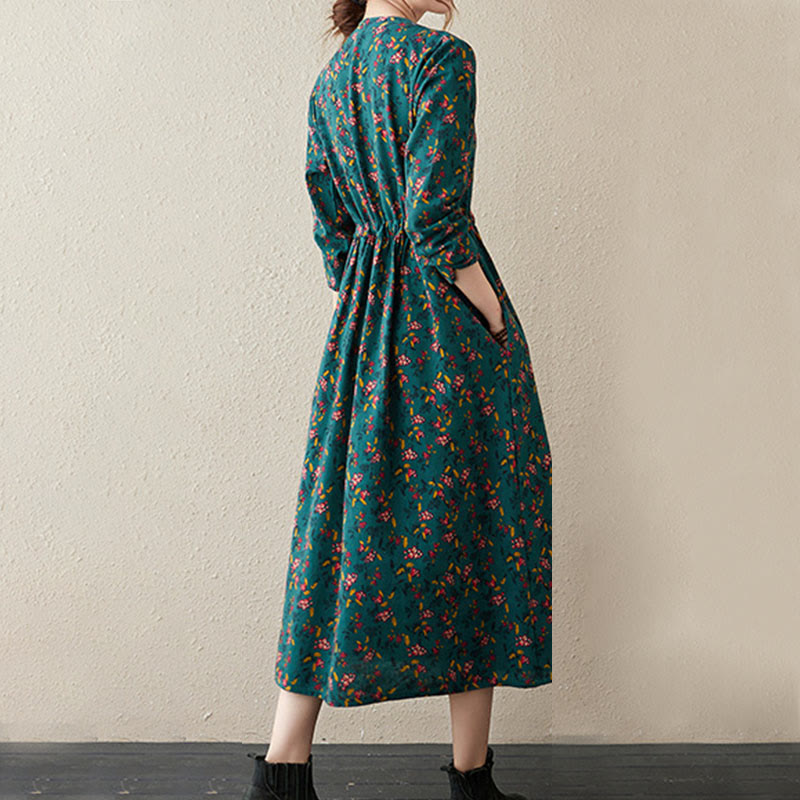 Buddha Stones Casual Ethnic Printing Floral Buttons Design Cotton Linen Midi Dress With Pockets - image 9