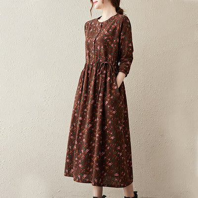 Buddha Stones Casual Ethnic Printing Floral Buttons Design Cotton Linen Midi Dress With Pockets - image 4