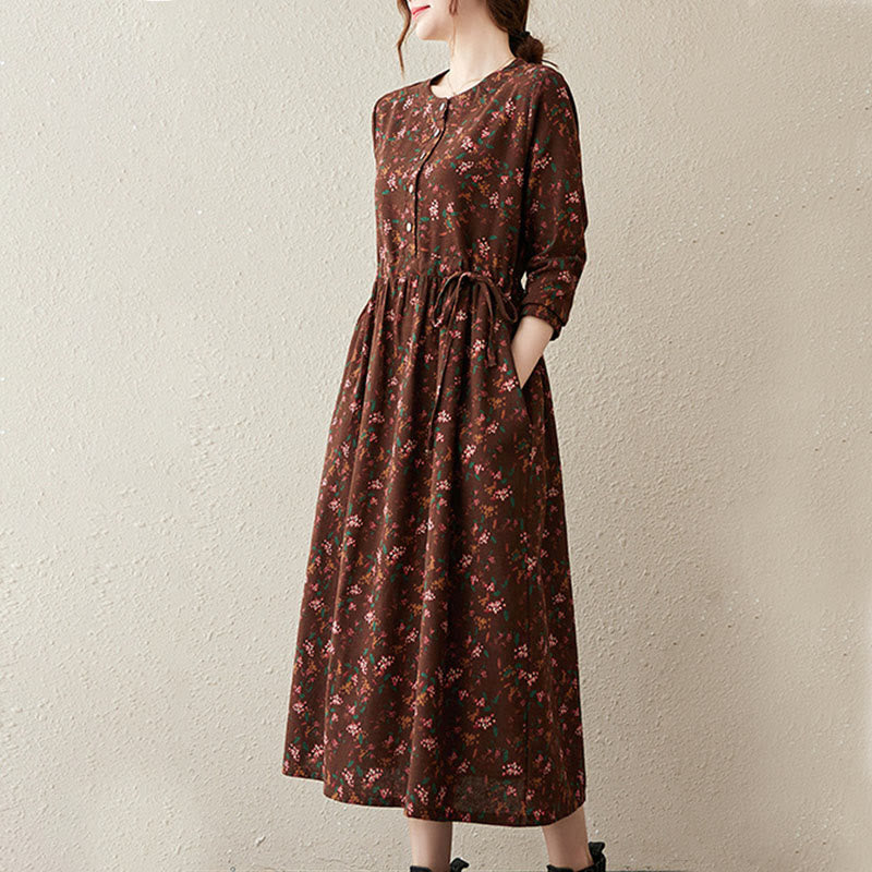 Buddha Stones Casual Ethnic Printing Floral Buttons Design Cotton Linen Midi Dress With Pockets - image 4