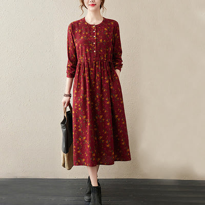 Buddha Stones Casual Ethnic Printing Floral Buttons Design Cotton Linen Midi Dress With Pockets - image 15