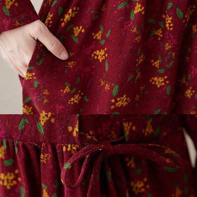Buddha Stones Casual Ethnic Printing Floral Buttons Design Cotton Linen Midi Dress With Pockets - image 19