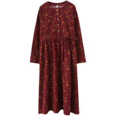 Buddha Stones Casual Ethnic Printing Floral Buttons Design Cotton Linen Midi Dress With Pockets - image 21