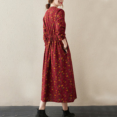 Buddha Stones Casual Ethnic Printing Floral Buttons Design Cotton Linen Midi Dress With Pockets - image 14