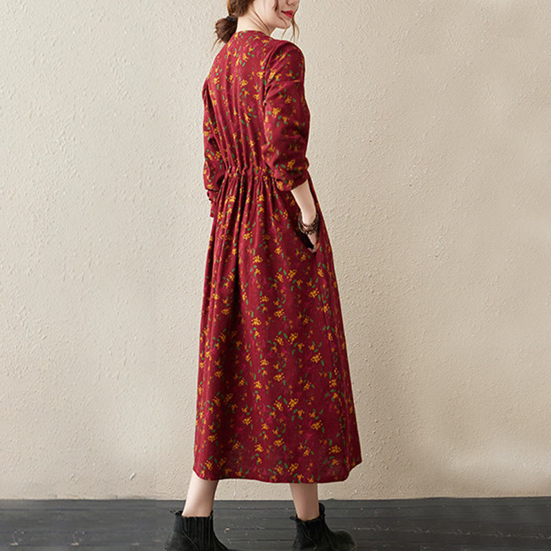 Buddha Stones Casual Ethnic Printing Floral Buttons Design Cotton Linen Midi Dress With Pockets - image 14