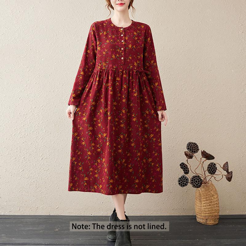 Buddha Stones Casual Ethnic Printing Floral Buttons Design Cotton Linen Midi Dress With Pockets - image 12