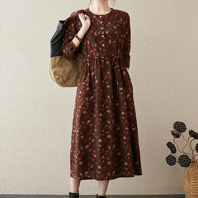 Buddha Stones Casual Ethnic Printing Floral Buttons Design Cotton Linen Midi Dress With Pockets - image 5