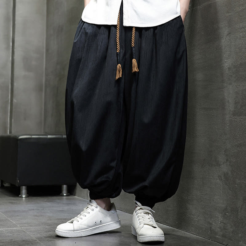 Buddha Stones Casual Daily Pure Color Drawstring Design Men's Harem Pants With Pockets - image 3