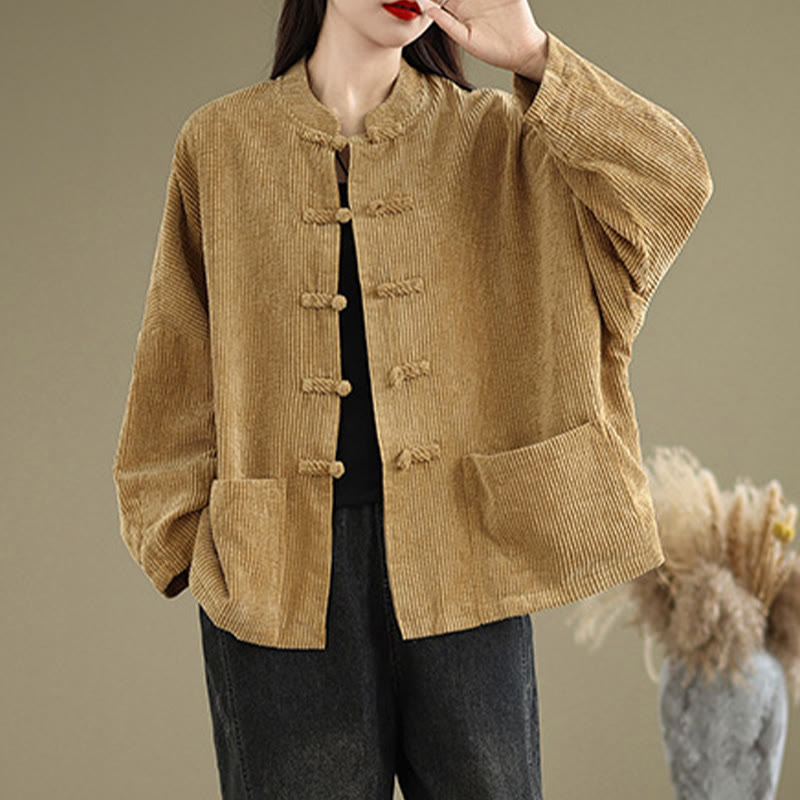 Buddha Stones Frog-button Stand Collar Women's Cotton Linen Corduroy Jacket - image 4