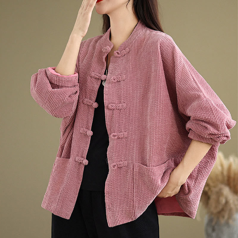 Buddha Stones Frog-button Stand Collar Women's Cotton Linen Corduroy Jacket - image 15