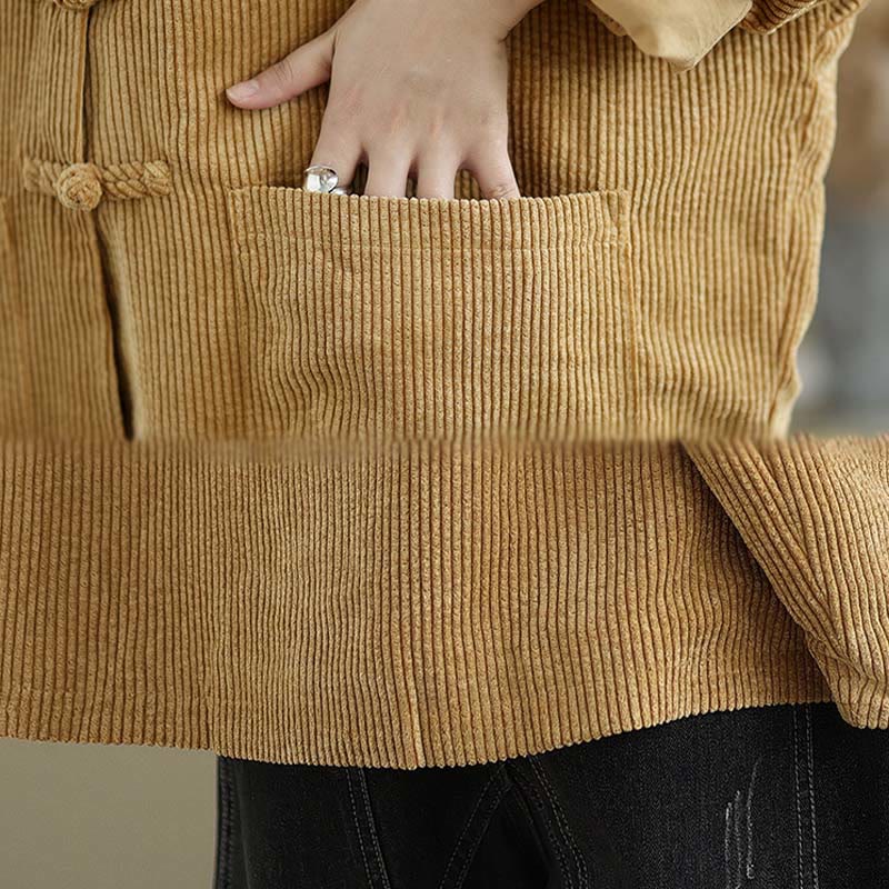 Buddha Stones Frog-button Stand Collar Women's Cotton Linen Corduroy Jacket - image 8