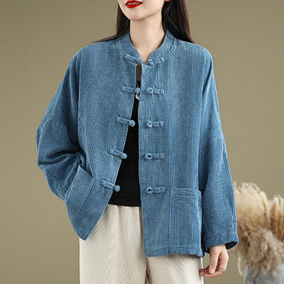 Buddha Stones Frog-button Stand Collar Women's Cotton Linen Corduroy Jacket - SteelBlue - US14，UK/AU18，EU46 (2XL) - image 16