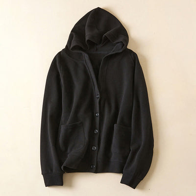 Buddha Stones Plain Buttons Women's Hooded Jacket With Pockets - Black - US8-10，UK/AU12-14，EU40-42 (2XL) - image 24