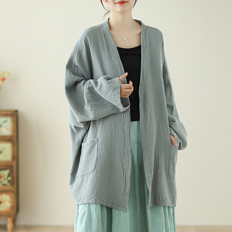Buddha Stones Plain Long Sleeve Zen Meditation Cotton Linen Jacket With Pockets - image 3