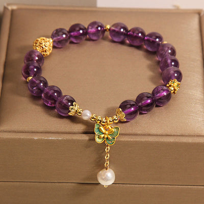 Buddha Stones Natural Amethyst Amber Green Butterfly Healing Bracelet - image 2
