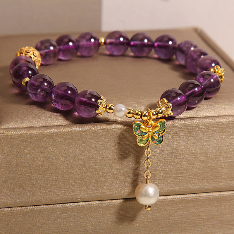 Buddha Stones Natural Amethyst Amber Green Butterfly Healing Bracelet - image 9