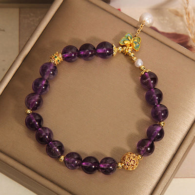 Buddha Stones Natural Amethyst Amber Green Butterfly Healing Bracelet - image 5