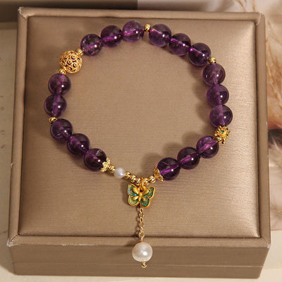 Buddha Stones Natural Amethyst Amber Green Butterfly Healing Bracelet - image 8