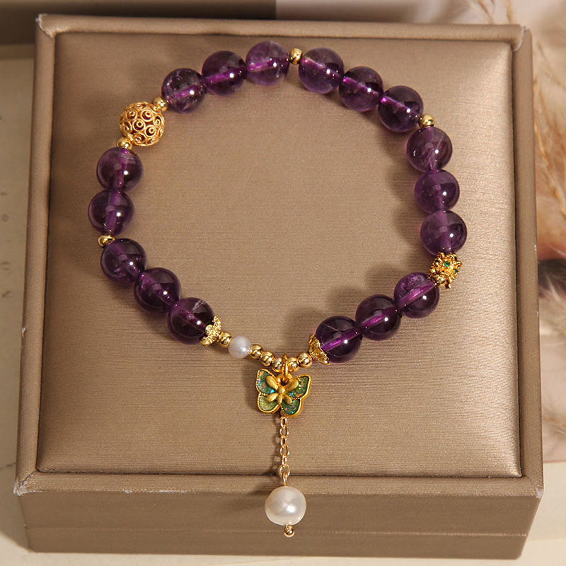 Buddha Stones Natural Amethyst Amber Green Butterfly Healing Bracelet - image 8