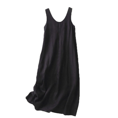 Buddha Stones Summer Daily Casual Pure Color Crew Neck Simple Design Sleeveless Midi Dress With Pockets - image 12
