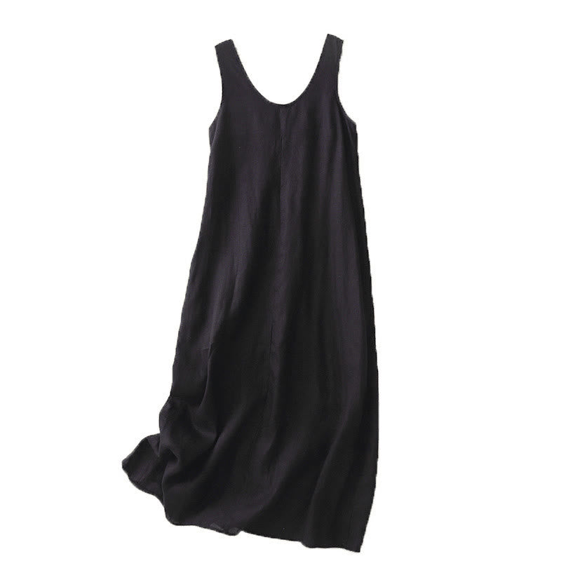 Buddha Stones Summer Daily Casual Pure Color Crew Neck Simple Design Sleeveless Midi Dress With Pockets - image 12