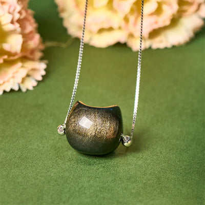 Buddha Stones 925 Sterling Silver Natural Silver Sheen Obsidian Gold Sheen Obsidian Cat Necklace - Gold Sheen Obsidian - image 6