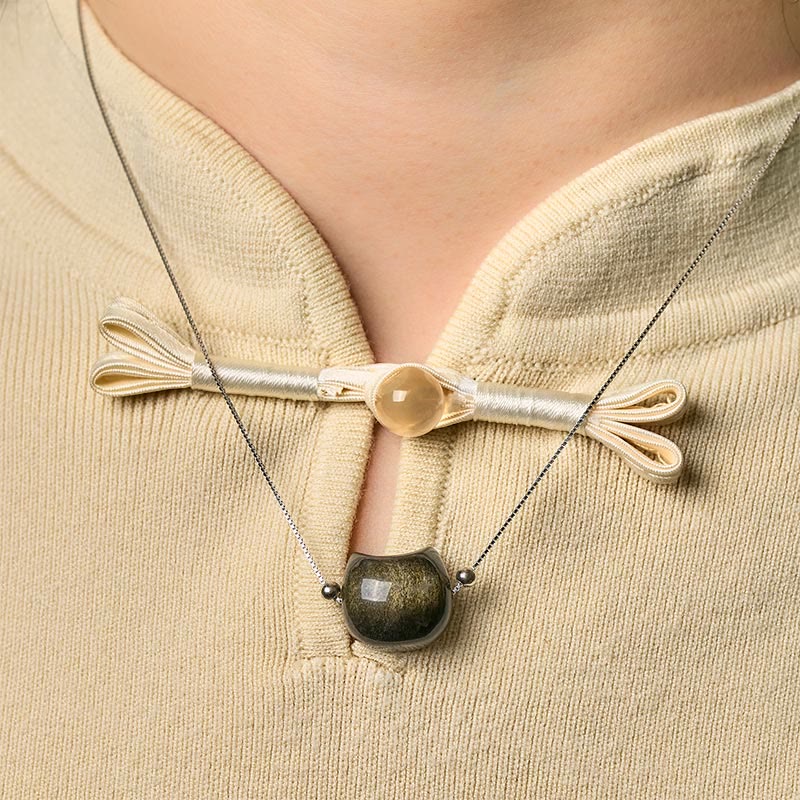 Buddha Stones 925 Sterling Silver Natural Silver Sheen Obsidian Gold Sheen Obsidian Cat Necklace - image 8
