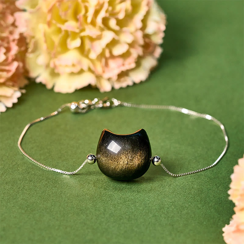Buddha Stones 925 Sterling Silver Silver Sheen Obsidian Gold Sheen Obsidian Cat Soothing Bracelet - Gold Sheen Obsidian - 17-22cm - image 11