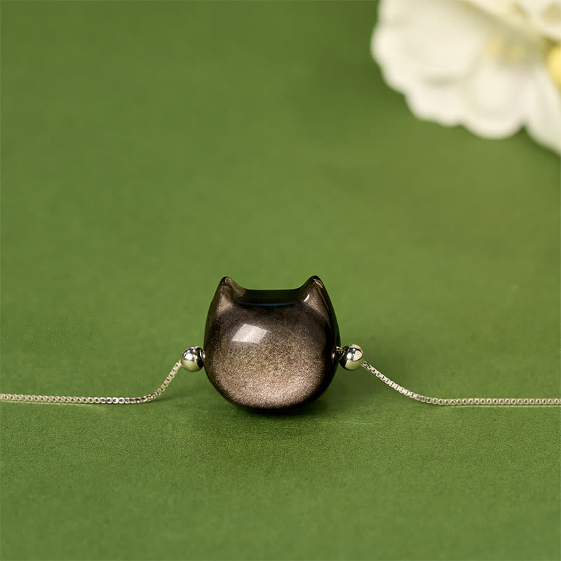 Buddha Stones 925 Sterling Silver Silver Sheen Obsidian Gold Sheen Obsidian Cat Soothing Bracelet - image 4