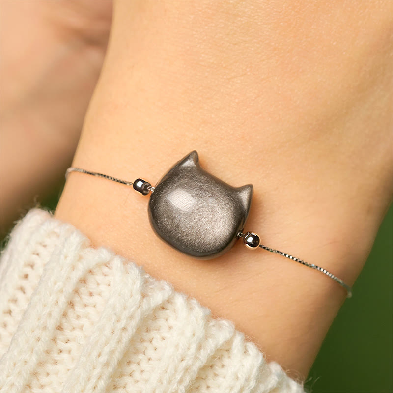 Buddha Stones 925 Sterling Silver Silver Sheen Obsidian Gold Sheen Obsidian Cat Soothing Bracelet - image 3