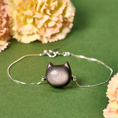 Buddha Stones 925 Sterling Silver Silver Sheen Obsidian Gold Sheen Obsidian Cat Soothing Bracelet - Silver Sheen Obsidian - 17-22cm - image 1