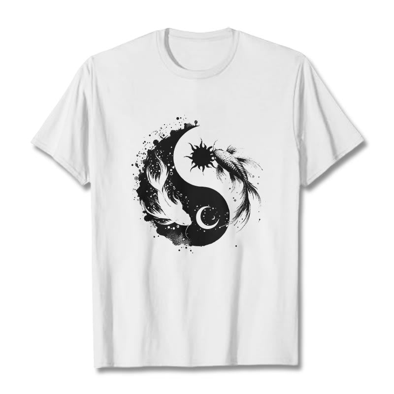 Buddha Stonessun And Moon Yin Yang Koi Pattern Tee T-shirt - White - 2XL - image 1