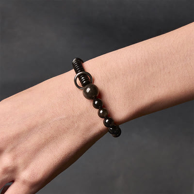 Buddha Stones Silver Sheen Obsidian Coconut Shell Protection Bracelet - image 5