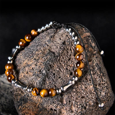 Buddha Stones Cute Bone Pattern Tiger Eye Courage Beads Bracelet - Tiger Eye & Titanium Steel(Wrist Circumference: 15-21cm) - image 1
