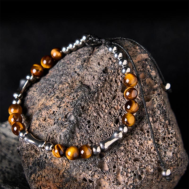 Buddha Stones Cute Bone Pattern Tiger Eye Courage Beads Bracelet - Tiger Eye & Titanium Steel(Wrist Circumference: 15-21cm) - image 1