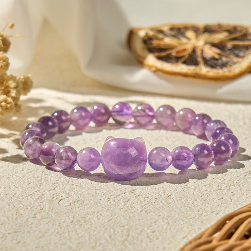 Buddha Stones "Wishing You Clarity and Calm" Cute Cat Amethyst Bracelet Includes Gift Message Card - image 1