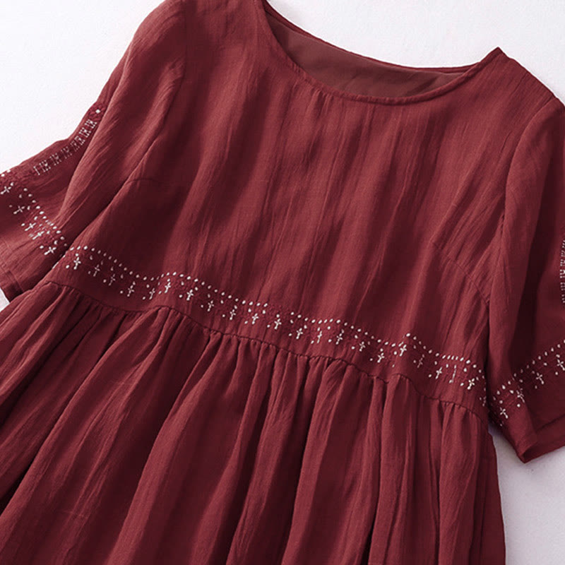 Buddha Stones Solid Color Embroidery Short Sleeve Cotton Midi Dress - image 28
