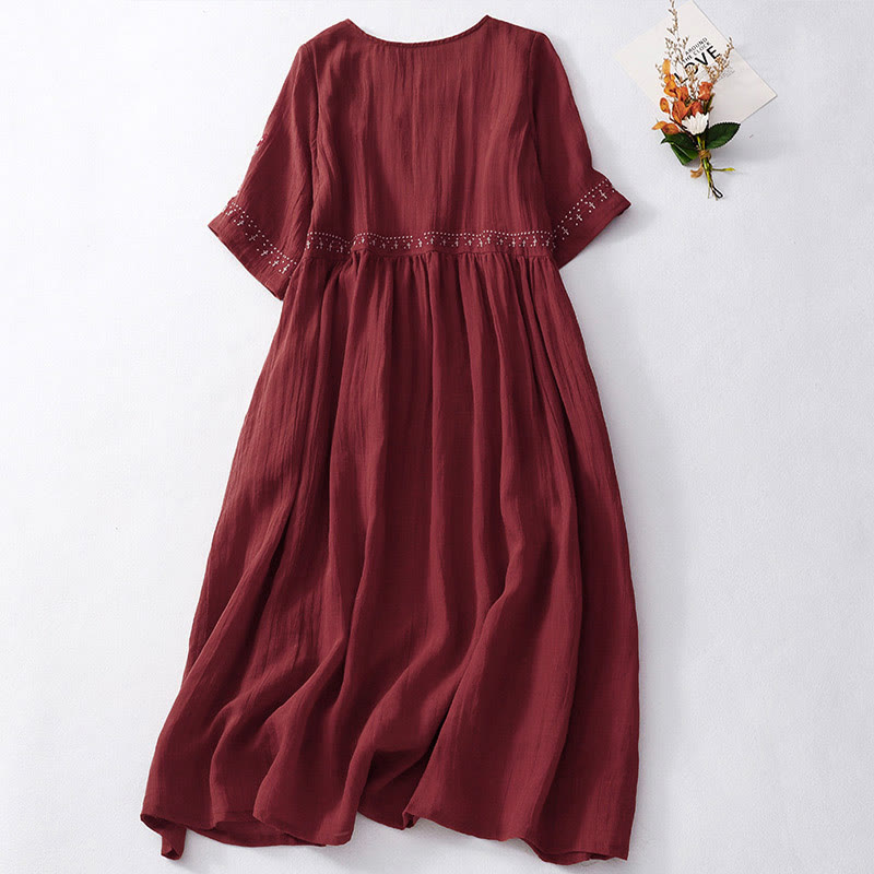 Buddha Stones Solid Color Embroidery Short Sleeve Cotton Midi Dress - image 18